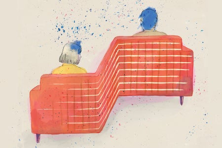 Illustration of two people sitting on an orange, curved couch