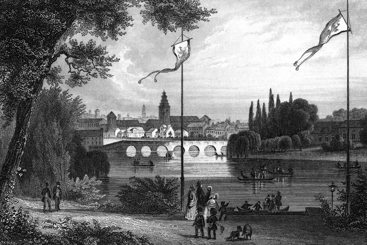 Historical, late 1800s, lithograph illustrating view towards the center of Königsberg over the Pregolya River. People walk along a riverfront path in the foreground and row boats in the river. 