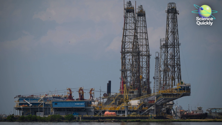An image of oil refinery in Venezuela near a body of water.