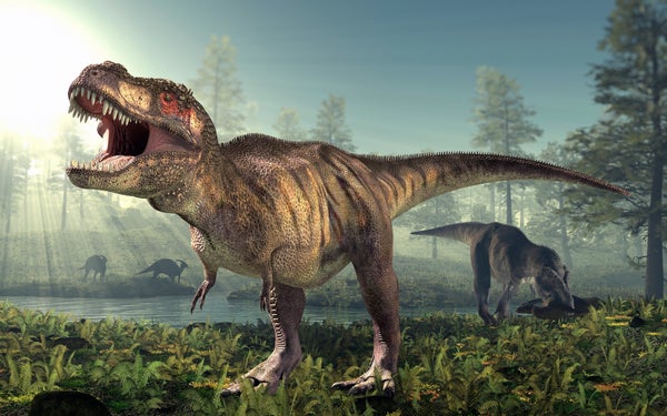 A T rex standing and roaring with landscape and other dinosaurs visible in the background
