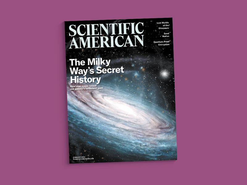 Cover of the February 2024 issue of Scientific American against a purple background.