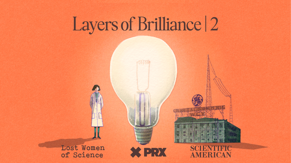 Layers of Brilliance illustration of a cartoon woman standing next to a lightbulb and building