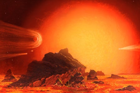 Artwork of the future sun, swollen to become a red giant star, as seen from a molten Earth landscape