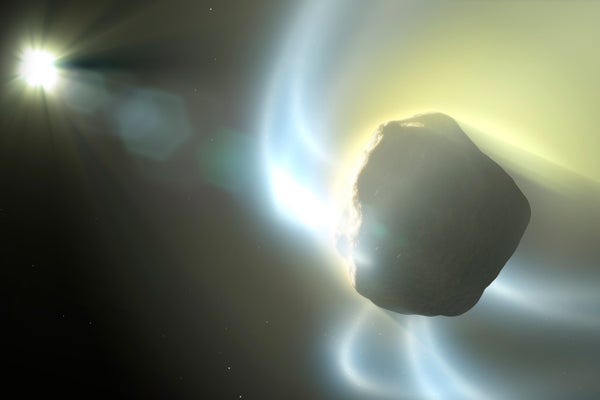 Illustration of the icy core (nucleus) of a comet erupting with jets of gas as it approaches the sun