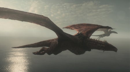 A large red dragon from the HBO series House of the Dragon is shown