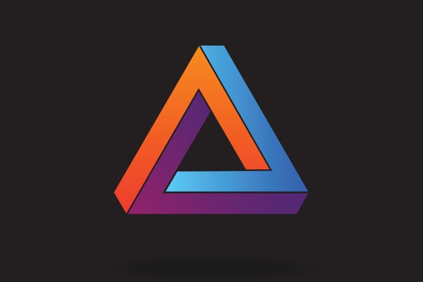 Impossible Penrose triangle w/ orange blue and purple sides on brown background