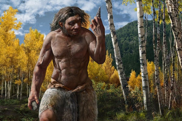 Um artista que renderiza a fonte do hominin do crânio 'Dragon Man' em seu habitat segurando e olhando para uma ferramenta de pedra