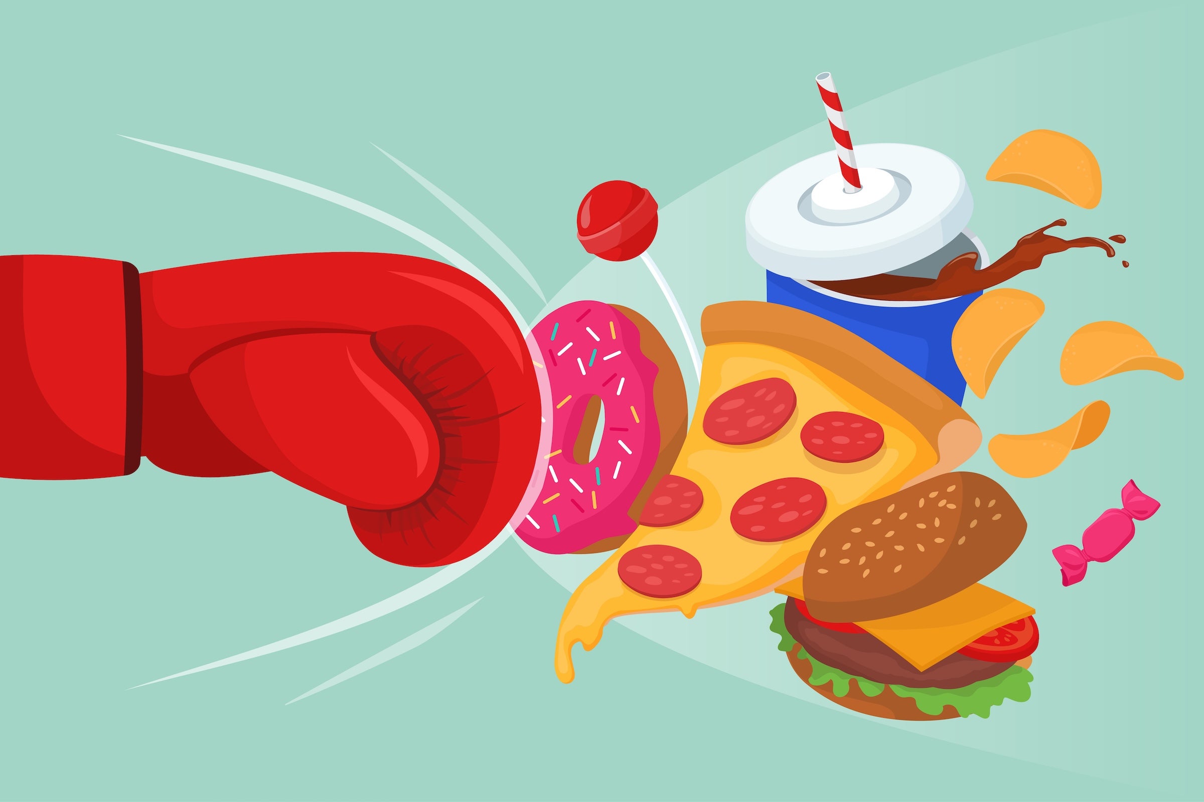 Illustration of boxing glove punching junk food to illustrate kicking the food addiction habit.