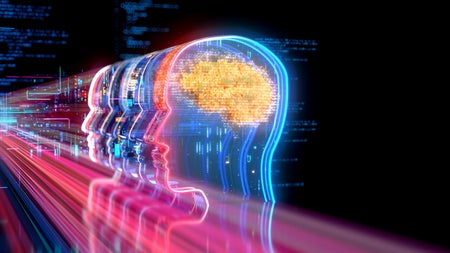 Digital background depicting innovative technologies in (AI) artificial systems, neural interfaces and internet machine learning technologies