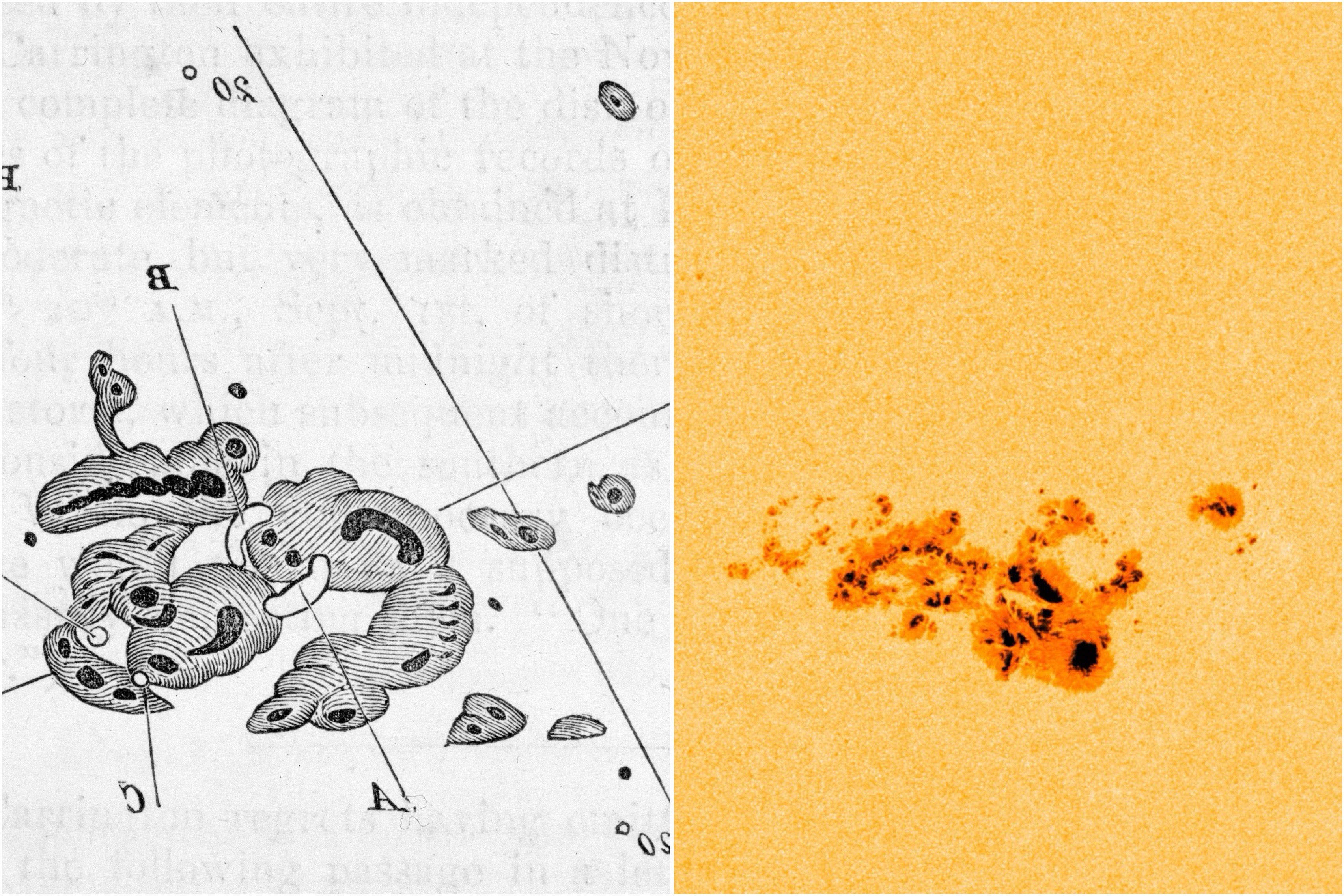 A recent cluster of sunpots called AR3664 (right panel) rival the size of the one that caused the infamous 1859 Carrington Event (shown on the left and flipped for comparison).