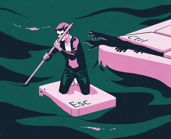 Illustration of a person floating on water on an esc keyboard key
