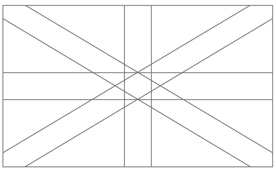 In a flag shape, a cross is traced out with two horizontal lines and two vertical lines that are overlaid with an “X” made from two diagonal lines in each direction.