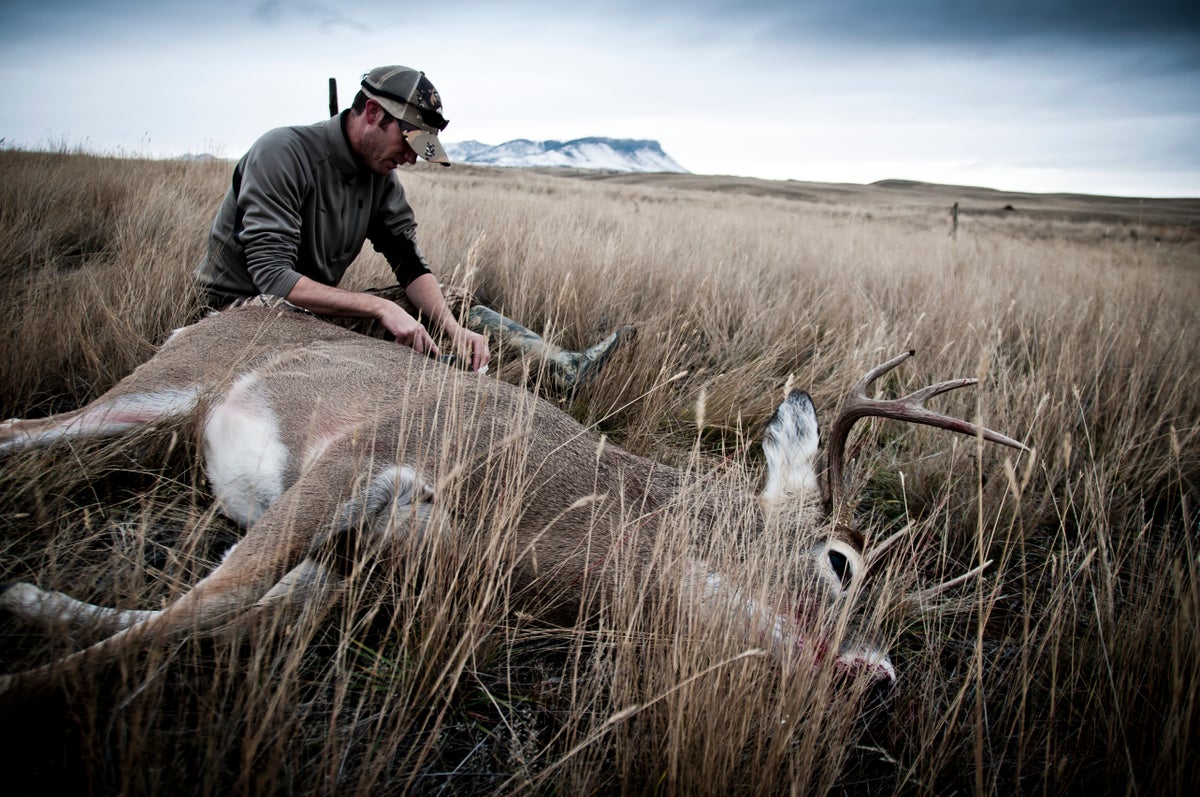 A hunter with a killed buck in a field.