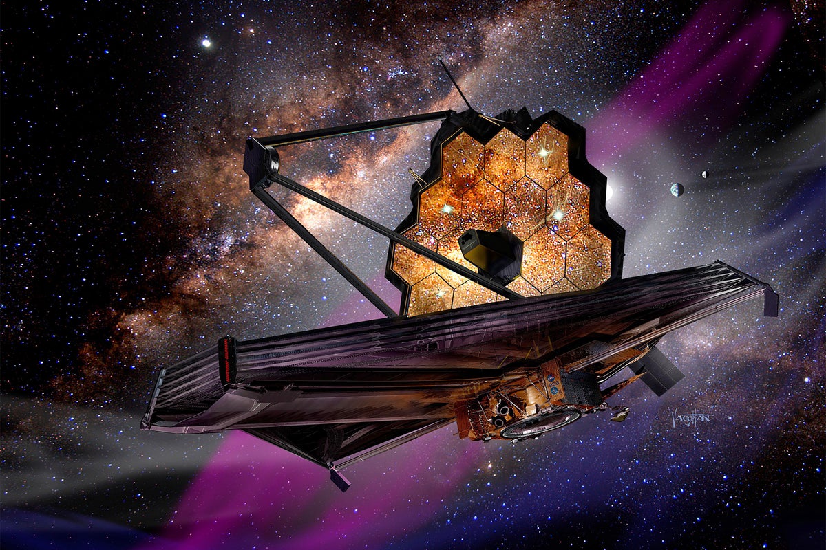 Illustration of James Webb Space Telescope (JWST) in space with star clusters reflected in the telescope's mirrors