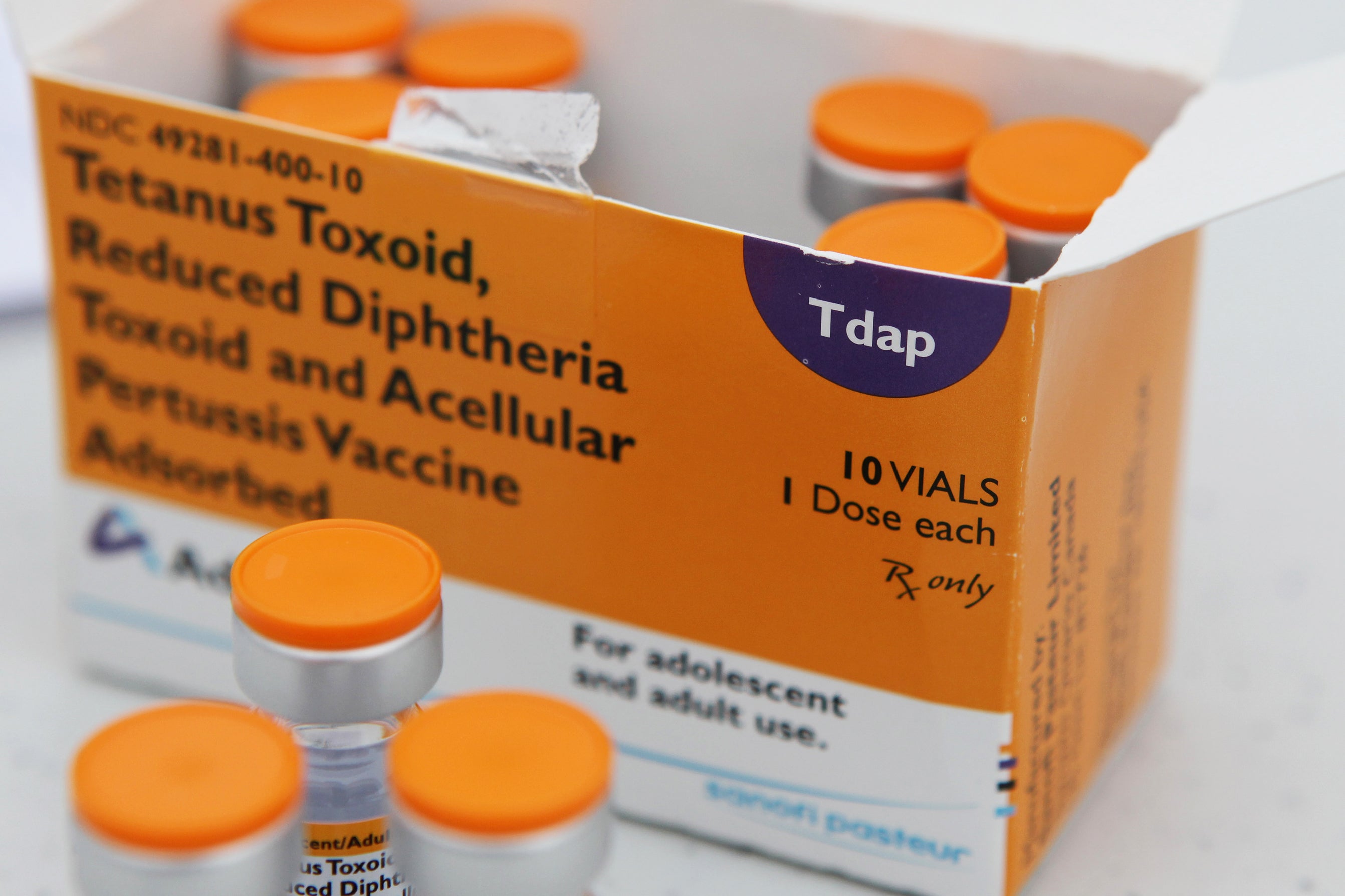 A box of Tdap vaccinations sits on a table