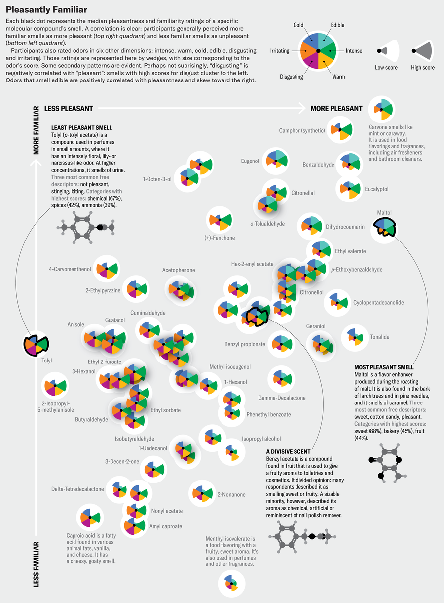 Scatterlot com pontos que representam as classificações medianas de agradável e familiaridade do cheiro de um composto molecular específico. Os participantes geralmente percebiam cheiros mais familiares como mais agradáveis (quadrante superior direito) e menos familiares como desagradáveis (quadrante inferior esquerdo). Seis outras dimensões são representadas por cunhas: intenso, quente, frio, comestível, repugnante e irritante. Alguns padrões secundários são evidentes.