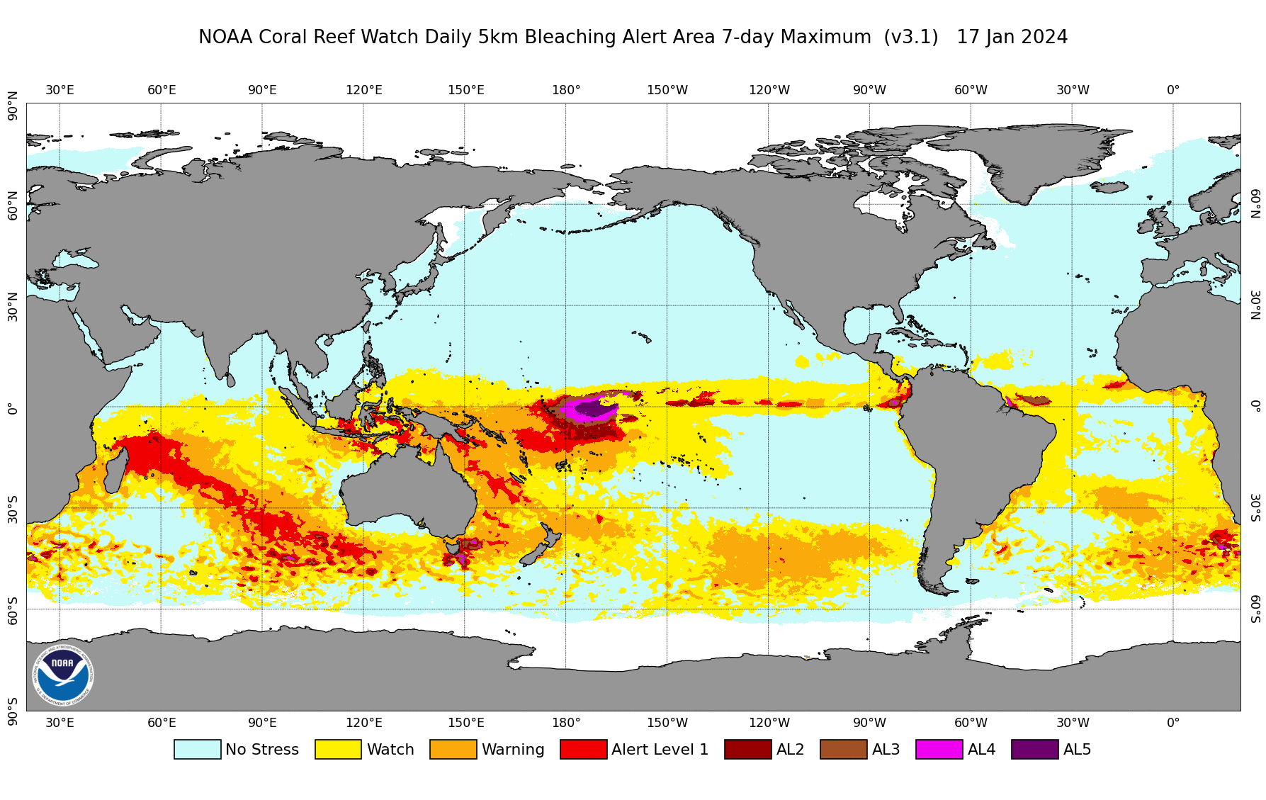 A global heat map showing coral bleaching heat stress alert areas - the highlighted areas are mainly concentrated around the globe's equator