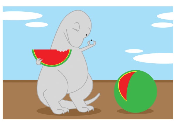 Illustration of dinosaur looking at a seed