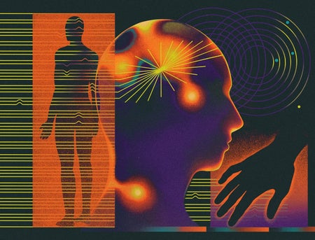 Conceptual illustration showing various elements representing human body and brain waves