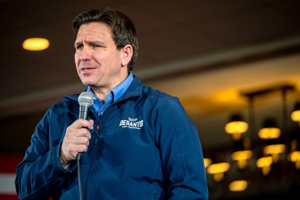 Republican presidential candidate, Florida Gov. Ron DeSantis speaks to supporters at LaBelle Winery on January 17, 2024