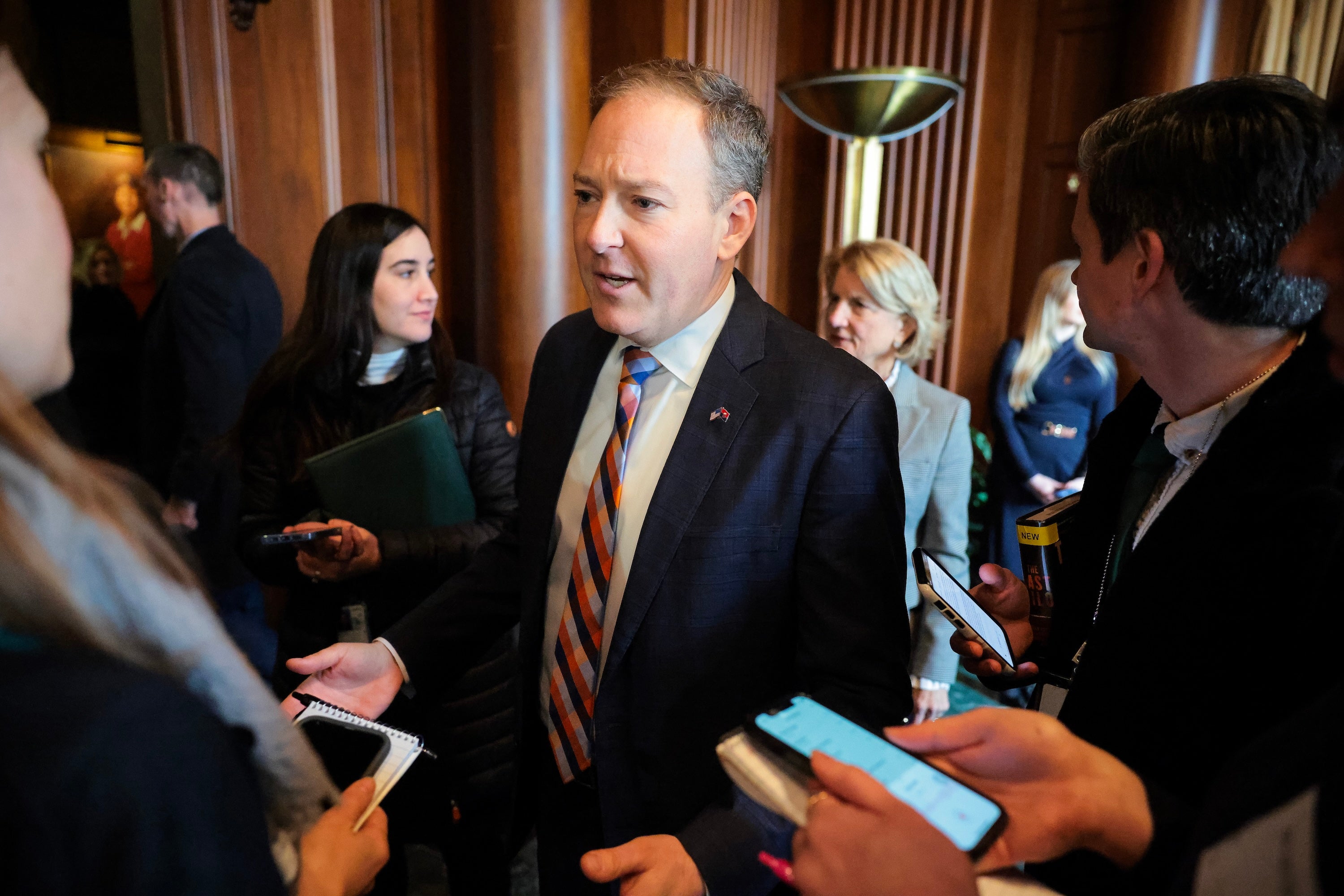 EPA Administrator Lee Zeldin speaks to press during a Water Policy Announcement at the Environmental Protection Agency Headquarters on February 18, 2025 in Washington, DC.