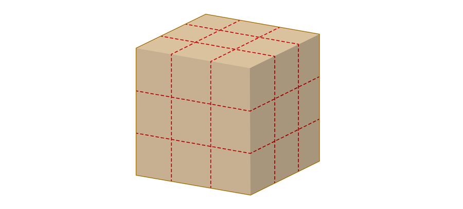 Graphic shows a cube with dotted lines indicating six cuts dividing it into 27 cubes.