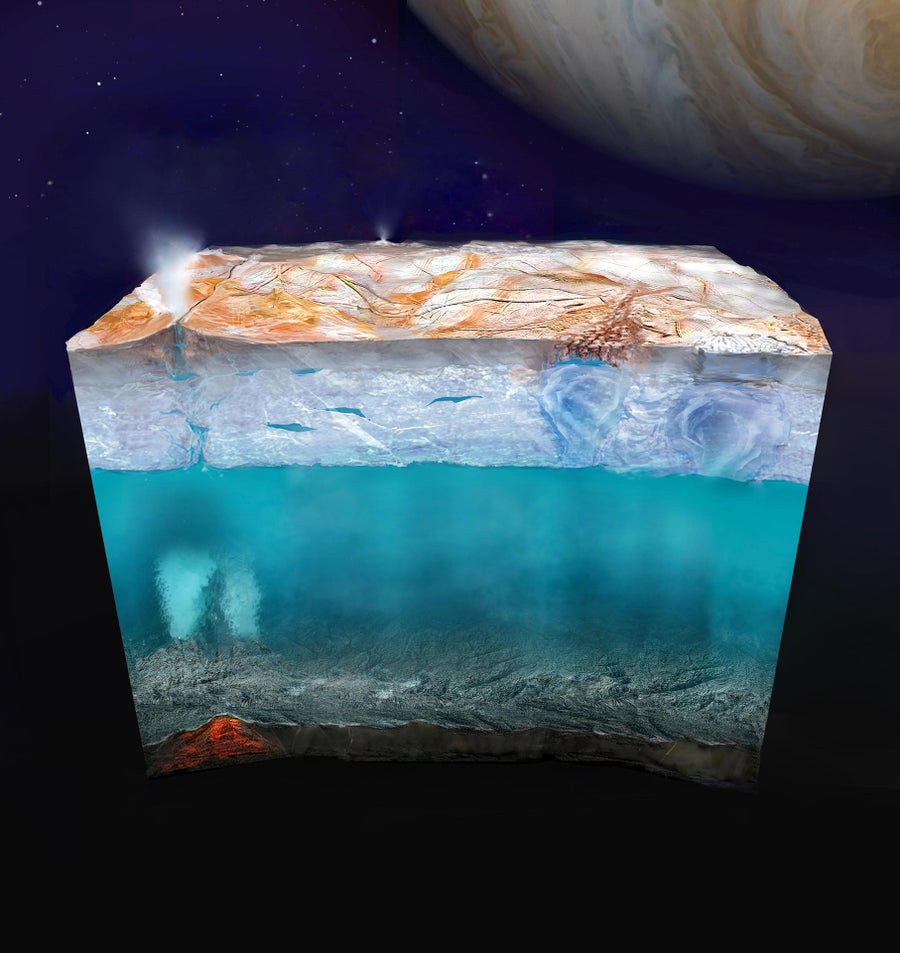 This artist’s concept (not to scale) depicts what Europa’s internal structure could look like: an outer shell of ice, perhaps with plumes of material venting from beneath the surface; a deep, global layer of liquid water; and a rocky interior, potentially with hydrothermal vents on the seafloor