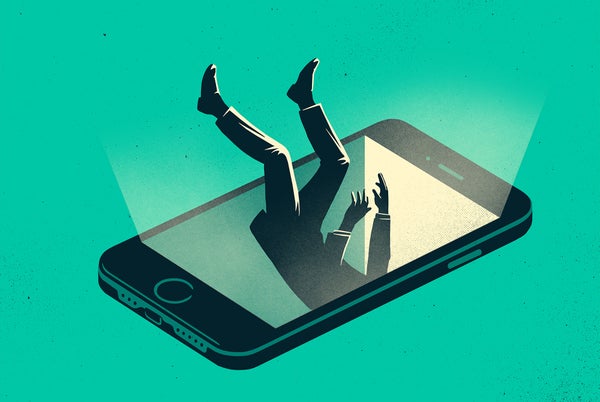 An illustration shows a person falling into the screen of a smartphone