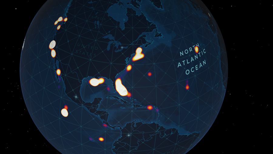 Global heat map showing the size of the oceans with the comparatively small concentration of known deep-sea dive sites with visual observations in the North Atlantic. Concentrations of sites are mainly located close to land along the continental coasts