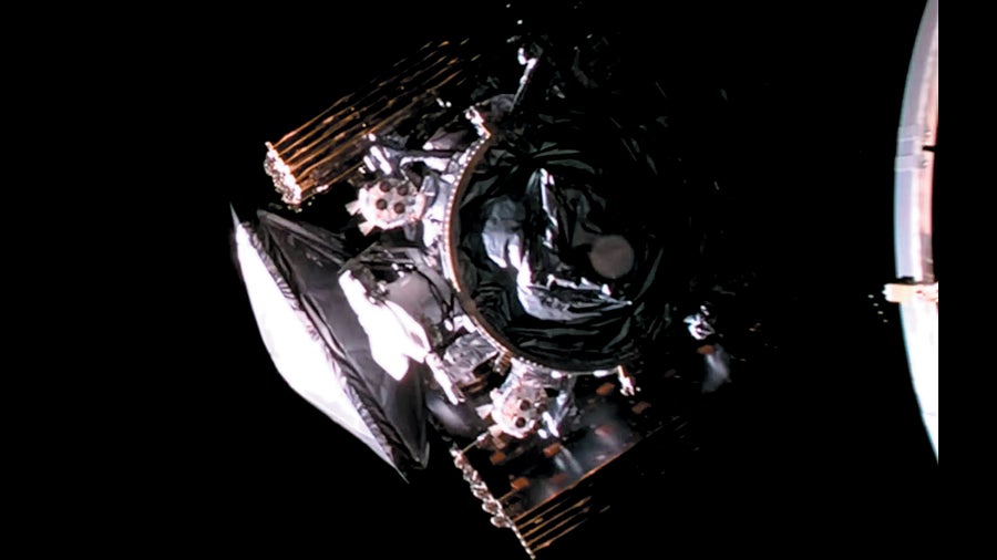 A camera on a spacecraft’s rocket booster