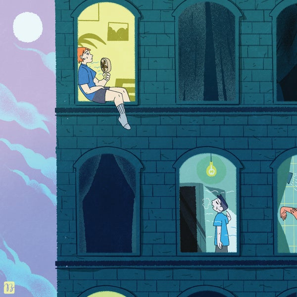 Ilustração de pessoas no prédio de apartamentos, mantendo a calma