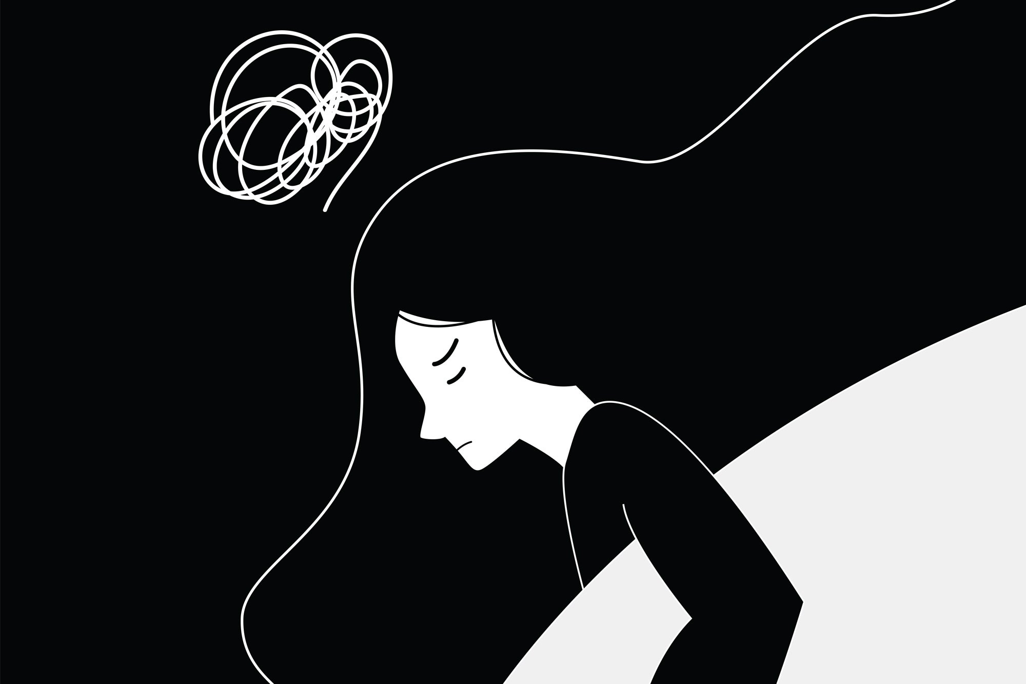 Simple black and white vector illustration depicting a woman in bed, eyes closed, sleeping, with a white line scribble above her head