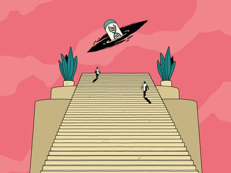 Illustration of a UFO flying toward a flight of stairs against a pink sky