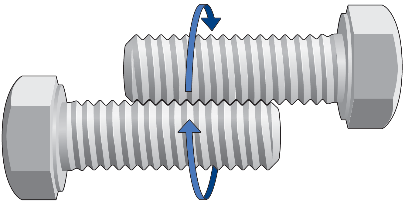 Graphic shows two bolts oriented in opposite directions and placed so that their grooves fit together with arrows indicating that each rotates up and away from the viewer.