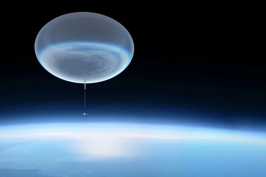 A high-altitude balloon ascending into the upper atmosphere