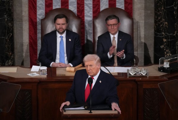 President Trump delivering State of the Union address as JD Vance and Mike Johnson look on