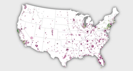 Map of the contiguous U.S. with dots in from magenta to green.