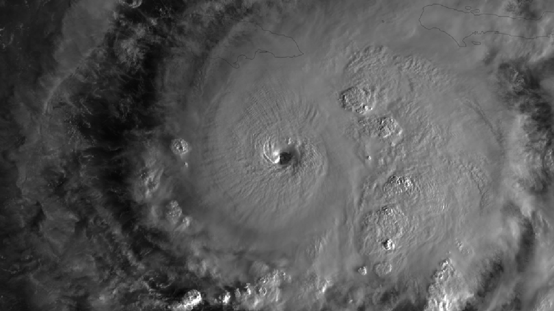 A photograph of the swirling storm clouds of Hurricane Melissa