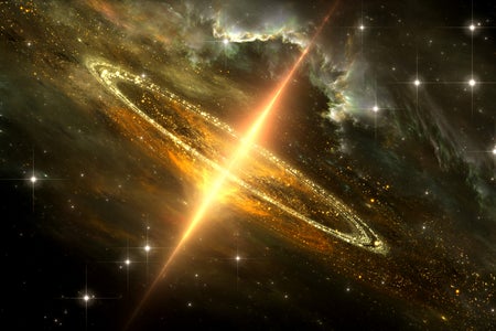 An illustration of a supermassive black hole feeding on a disk of infalling matter