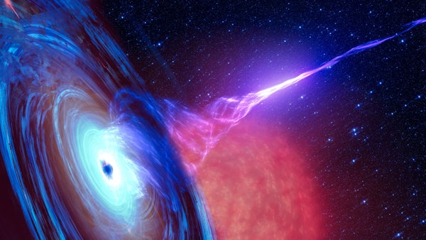 A colorful illustration of a black hole expelling a jet of material into space.