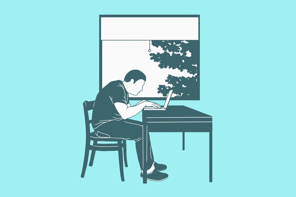 Illustration of person hunched over while using laptop at a desk in front of a window