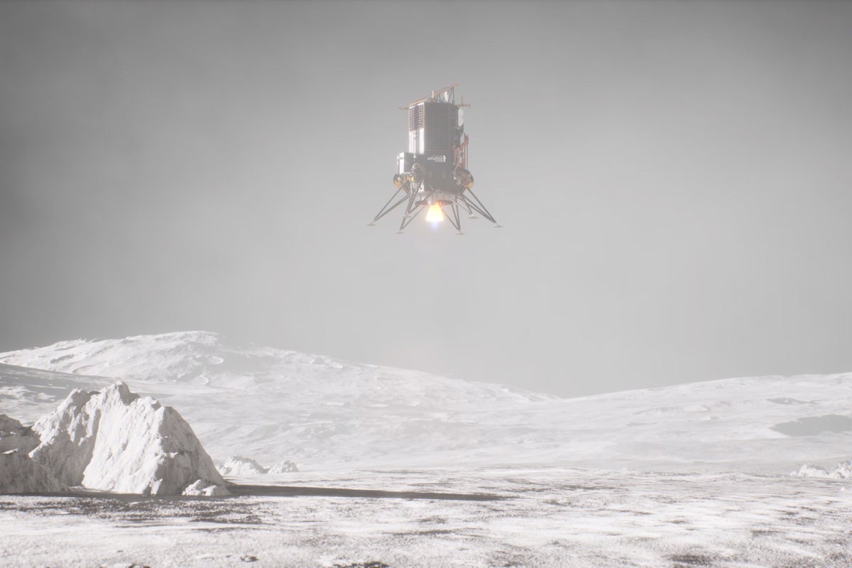 Artist rendering of an Intuitive Machines lander making its descent to the lunar surface near the moon's south pole.