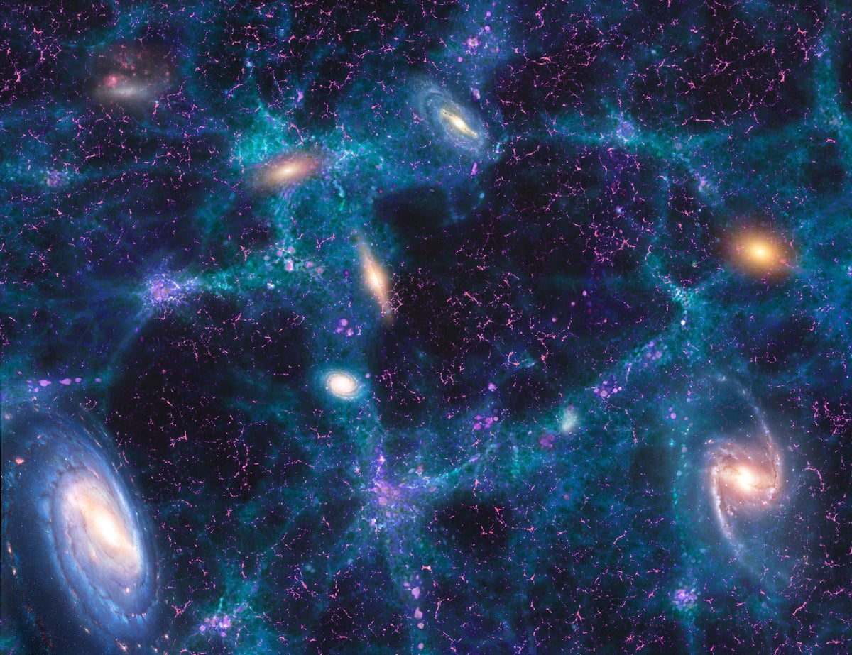 An illustration of the cosmic web, the universe's large-scale structure of galaxy clusters and matter-sparse voids.