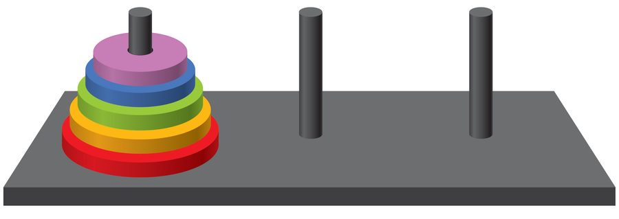 Graphic shows the five disks stacked in size order on the left rod with two empty rods to the right.