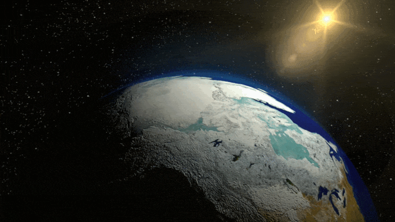 This is a conceptual animation showing how polar ice reflects light from the sun. As this ice begins to melt, less sunlight gets reflected into space. It is instead absorbed into the oceans and land, raising the overall temperature, and fueling further melting