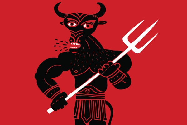 Illustration in the style of a wood block print, picturing a minotaur wearing a gladiator belt and holding trident on red background