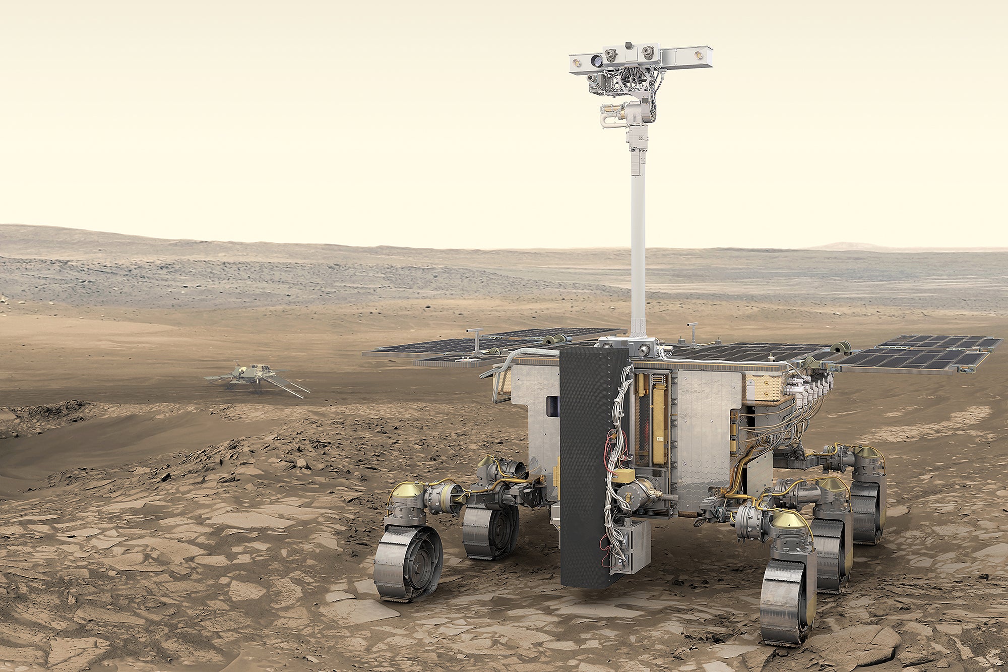 Artist’s impression of ESA’s ExoMars rover (foreground) and Russia’s science platform (background) on Mars.