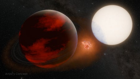 A large, fiery moon whirls around a storm-wracked gas giant planet; the duo’s host star appears in the background.