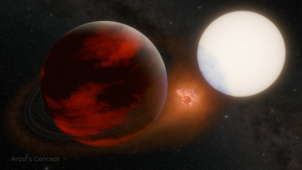 A large, fiery moon whirls around a storm-wracked gas giant planet; the duo’s host star appears in the background.