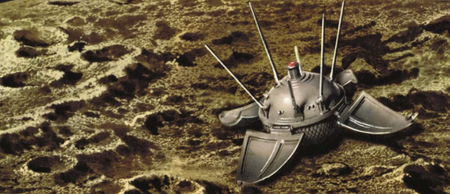 A small metallic sphere bristling with antennas and surrounded by four petal-like panels rests in a crater-pocked lunar landscape.